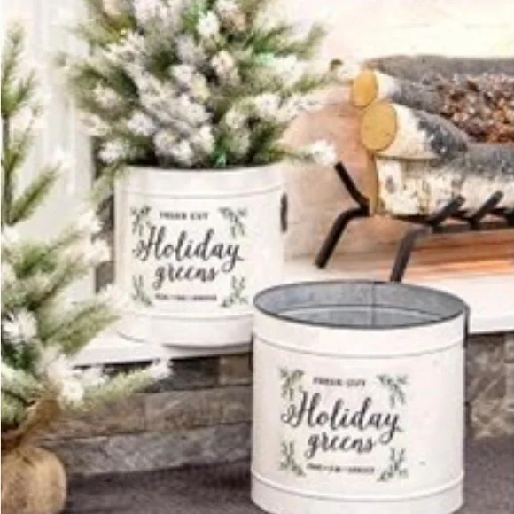 *Holiday Greens Distressed Metal Pails, Set of 2 - Picture 13 of 14